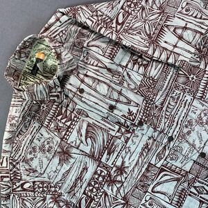 Quiksilver Shirt Mens M Brown Tiki Hawaiian AOP Short Sleeve Button Up Cotton